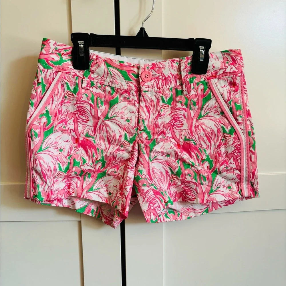 Lilly Pulitzer Women's Callahan Shorts Green Pink Colony Flamingos Size 00 NWT